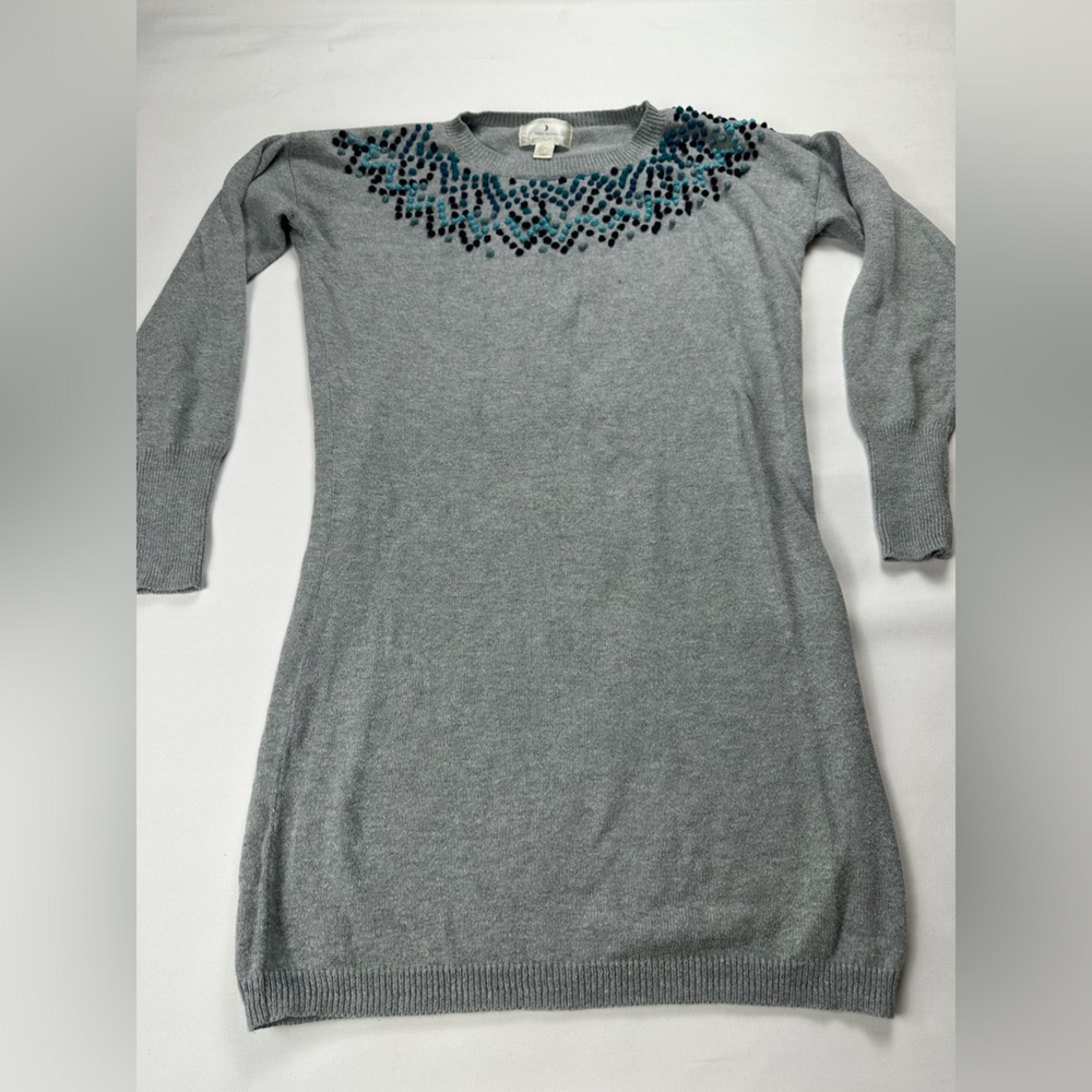 Grey sweater dress with multiple blue tone thread ball accents. Size L